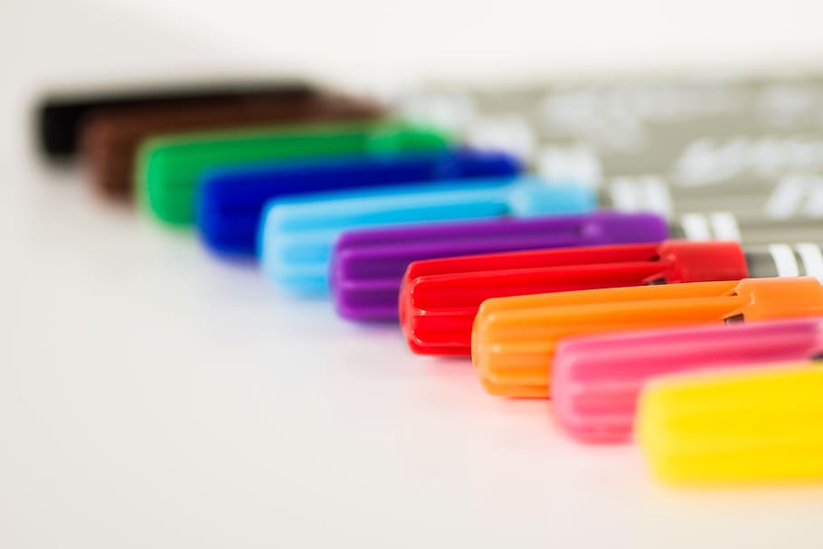 assorted-color markers, colored pencils, pens, crayons, colour pencils, colorful, color, felt tip pens, writing accessories, school
