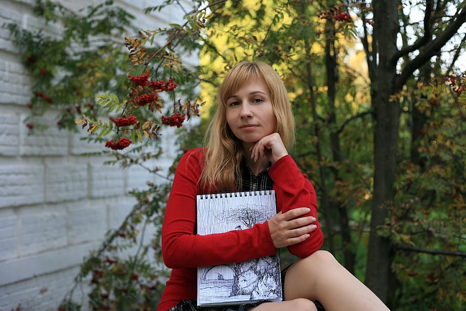 artist, rowan, park, autumn, girl, woman, student, college, album, sketchbook