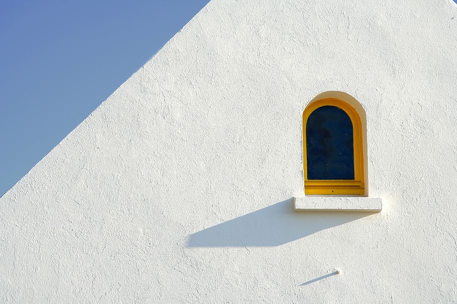 closed window, window, minimal, white, yellow, blue, sky, shadow, minimalism, wall