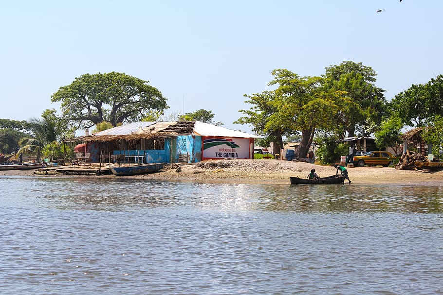 river scene, gambia, fishing village, africa, boat, pirogue, river, scene, water, sky