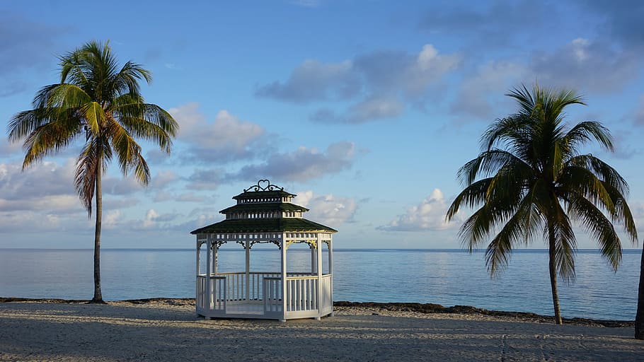 white, gazebo, Cuba, Guardalavaca, Beach, Caribbean, resort, honeymoon, palm Tree, sea