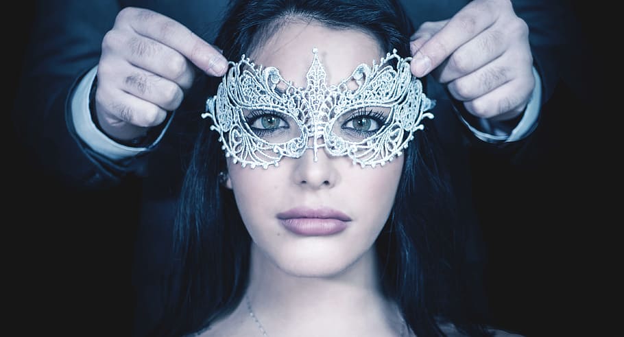 woman, wearing, white, lace masquerade, portrait, hand, female, mask, women, headshot