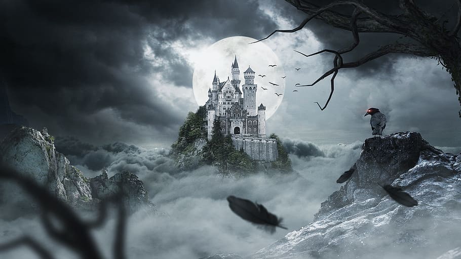 замок, вершина, холмистая живопись, ночь, ворона, фэнтези, облако, луна, лунный свет, перо