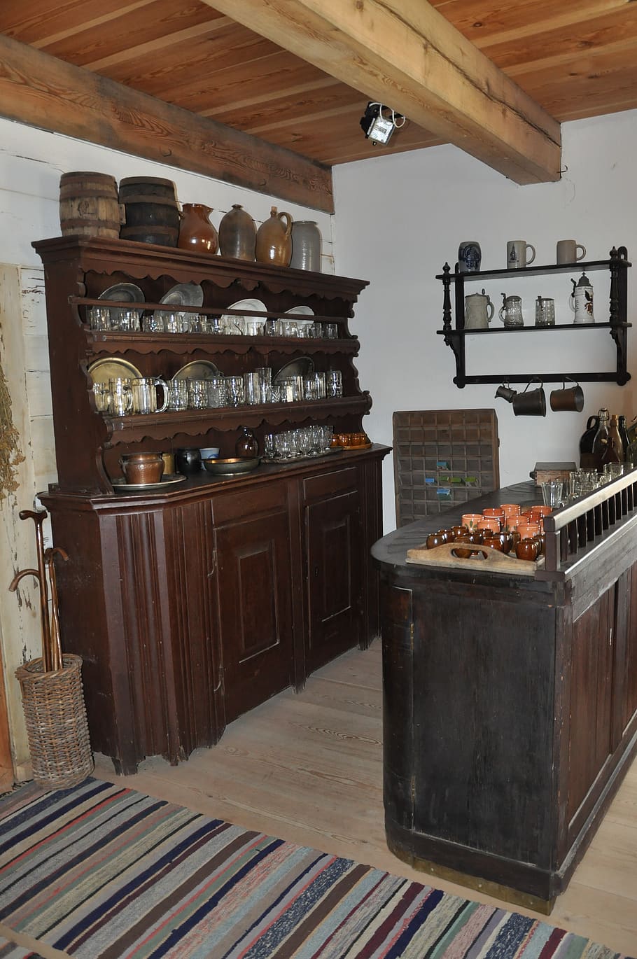 dresser, kitchen utensils, antiques, the museum, cottage, chamber, room, furniture, wood, open air museum
