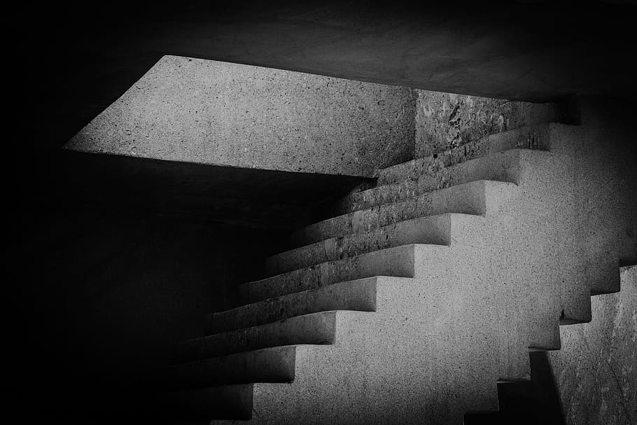 grayscale photo, concrete, stairs, sculpture, marble, art, staircase, light, shadows, sculpture park