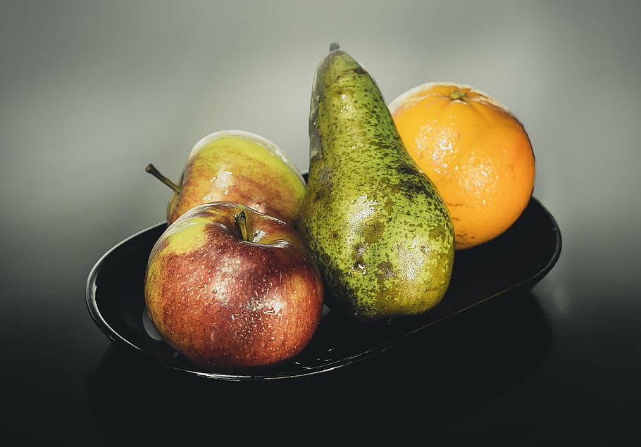two, apples, avocado, orange, black, ceramic, plate, studio, fruit, apple