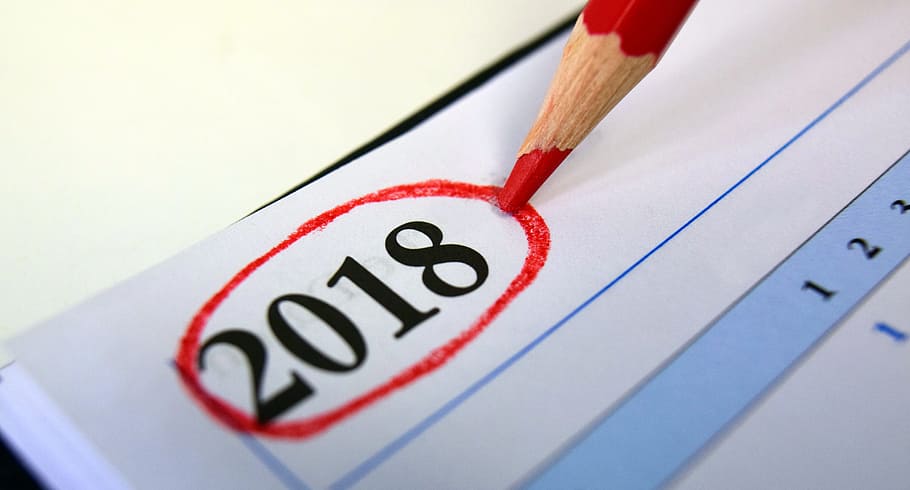 2018, escrito, blanco, papel, calendario, año, cambio de año, número, estados financieros anuales, día de año nuevo
