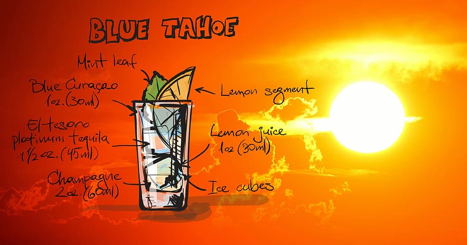 azul tahoe, cóctel, bebida, puesta de sol, alcohol, receta, fiesta, alcohólico, verano, celebrar