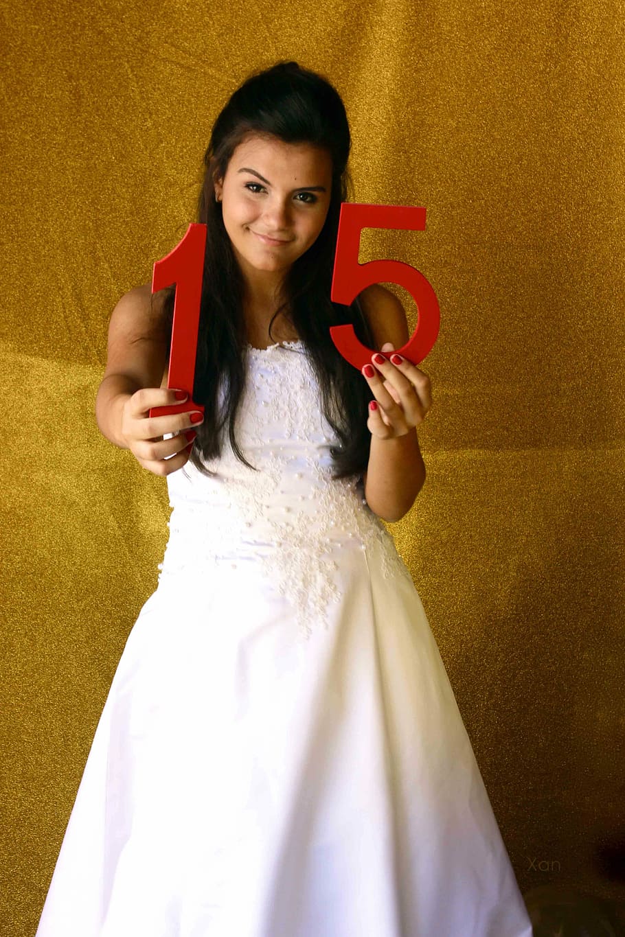 woman, holding, number 15 marquee decors, dreaming, teen party, portrait, birthday, girl, dress, celebration