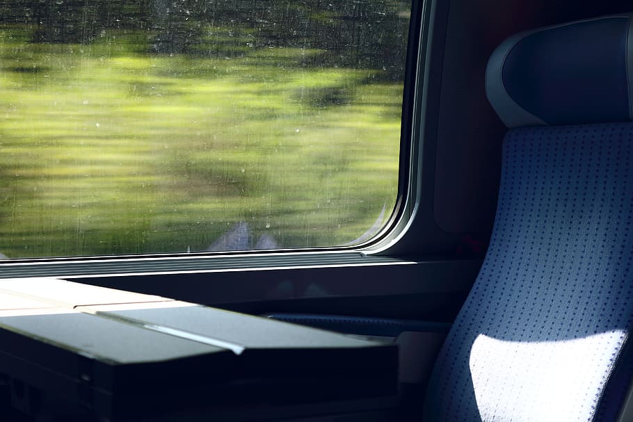 asiento del tren azul, tren, asiento, unidad, viaje, relajarse, locomoción, ferrocarril, móvil, transporte