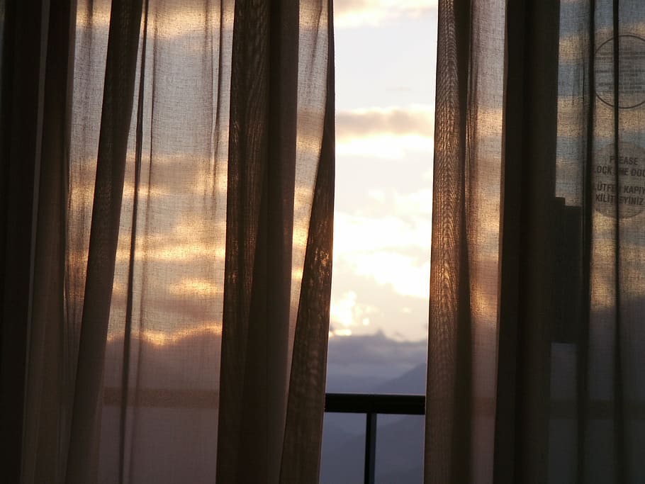 brown, curtains, balcony, view, hotel balcony, hotel window, window, mountain view, window curtain, sunrise view