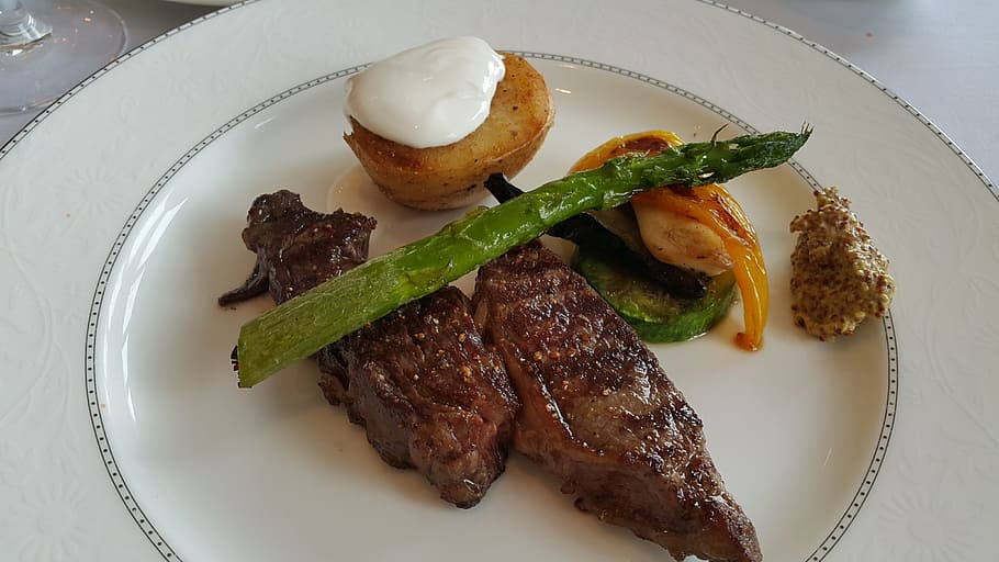 Steak, Asparagus, Potato, food, meat, plate, dinner, grilled, meal, gourmet