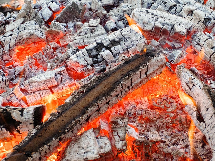 burned firewood, wood, fire, flame, embers, burn, heat, fireplace, blaze, hot
