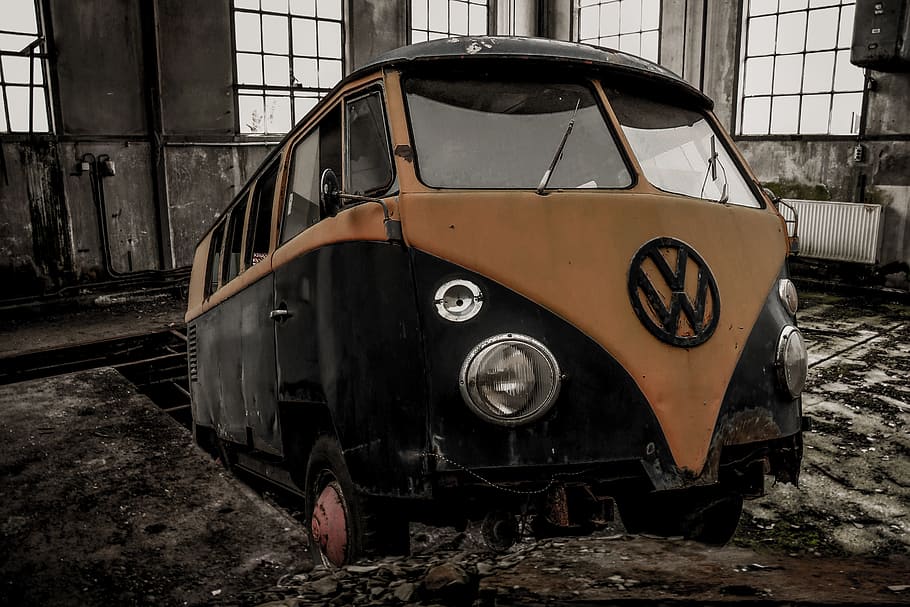 classic, black, orange, volkswagen t 2 van, t2, inside, building, scrap car, stainless, repair