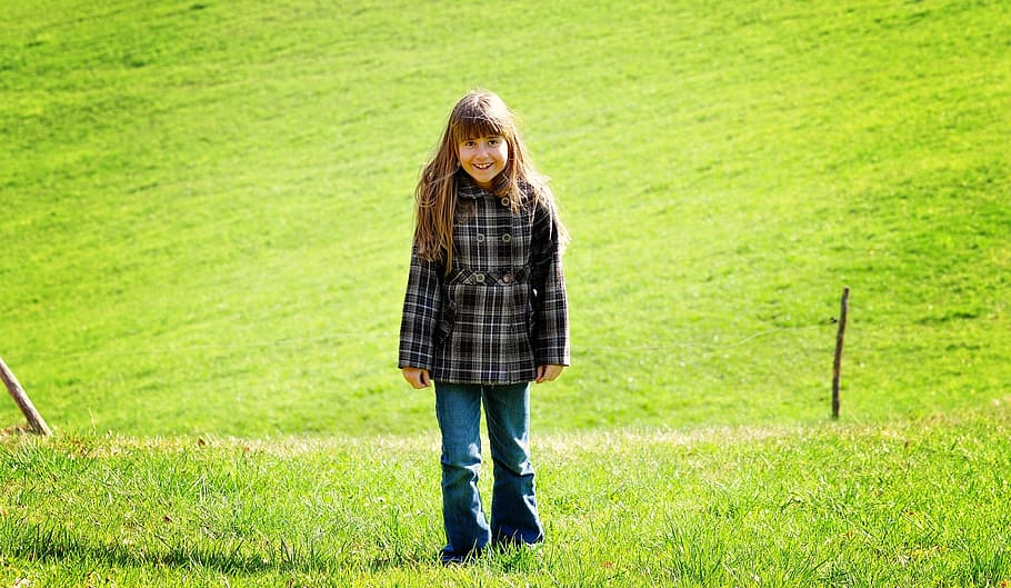 child, girl, long hair, blond, way, nature, grass, one person, plant, field