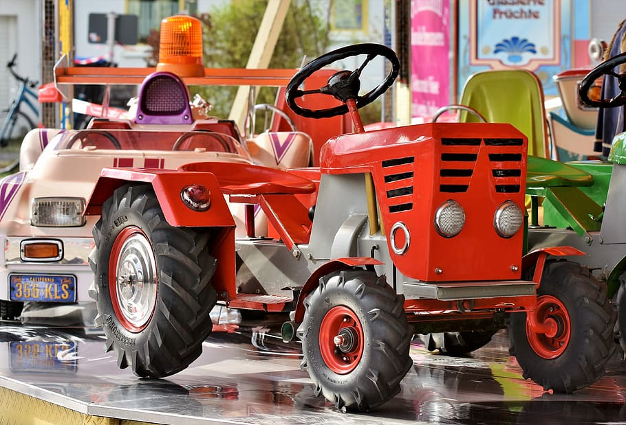 red, ride-on tractor, table, carousel, auto, tractor, children car, carousel auto, folk festival, year market