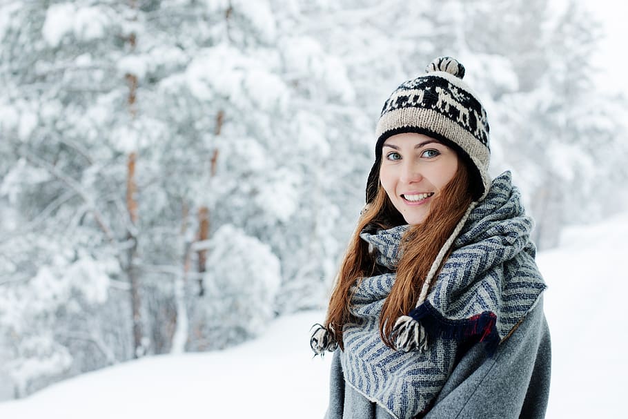 girl, young, beautiful, white, woman, snow, winter, park, forest, snowdrift