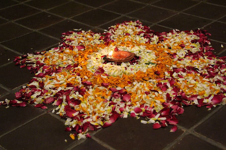 pink, white, orange, petals, floor, rangoli, stones, mandala, om, design