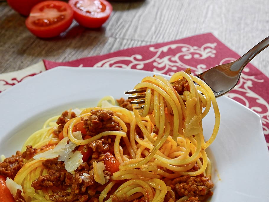 hidangan spageti, putih, keramik, piring, pasta, mie, spageti, makan, makanan, masak
