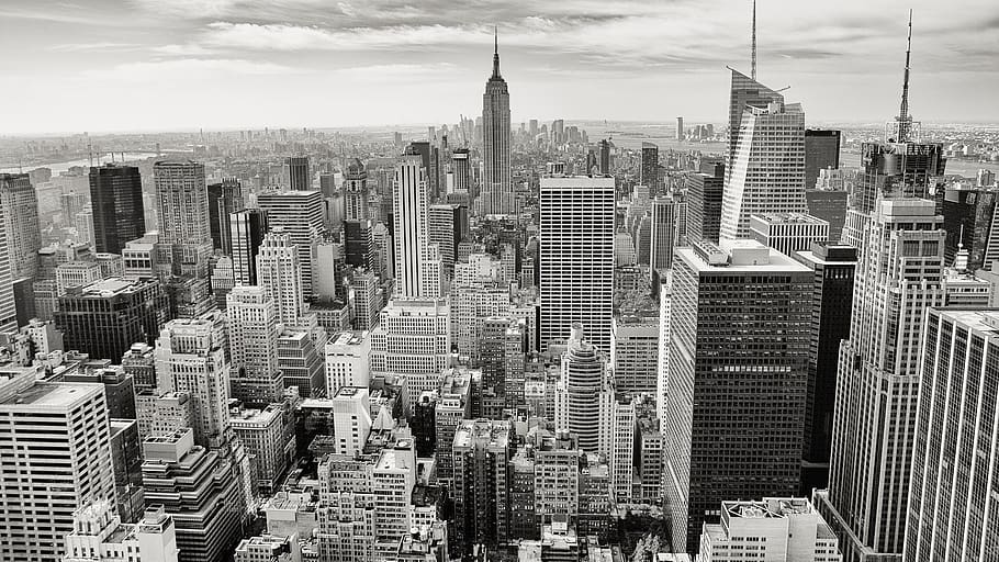 hitam dan putih, new york, kota, bangunan, pemandangan, gedung pencakar langit, kaki langit, atap, awan, menara