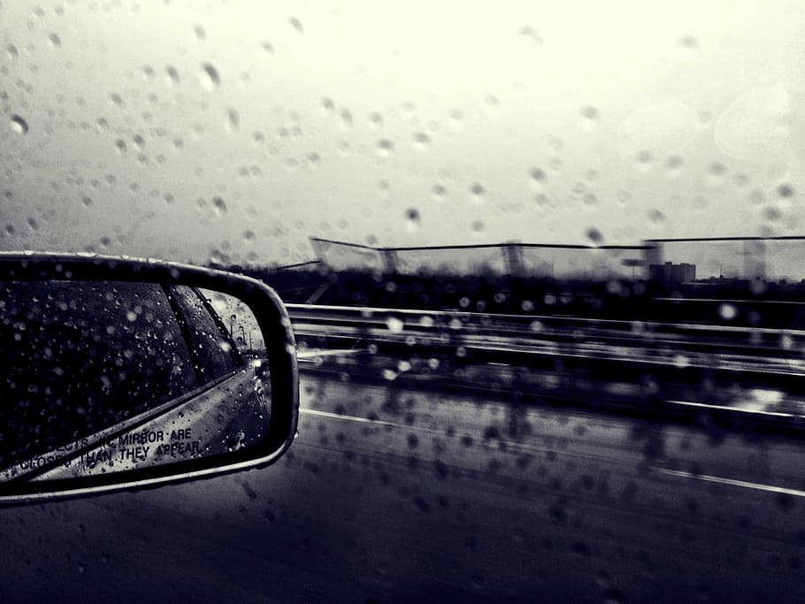 car, window, mirror, rain, drops, vehicle, transportation, glass, black and  white, traffic | Pxfuel