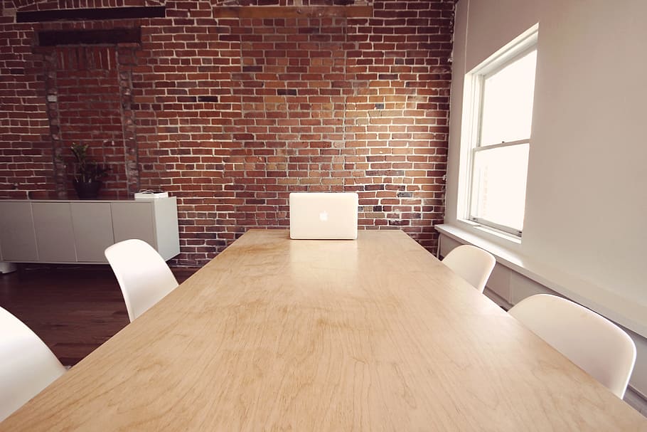 rectangular, beige, wooden, conference table, office, desk, table, chairs, business, macbook