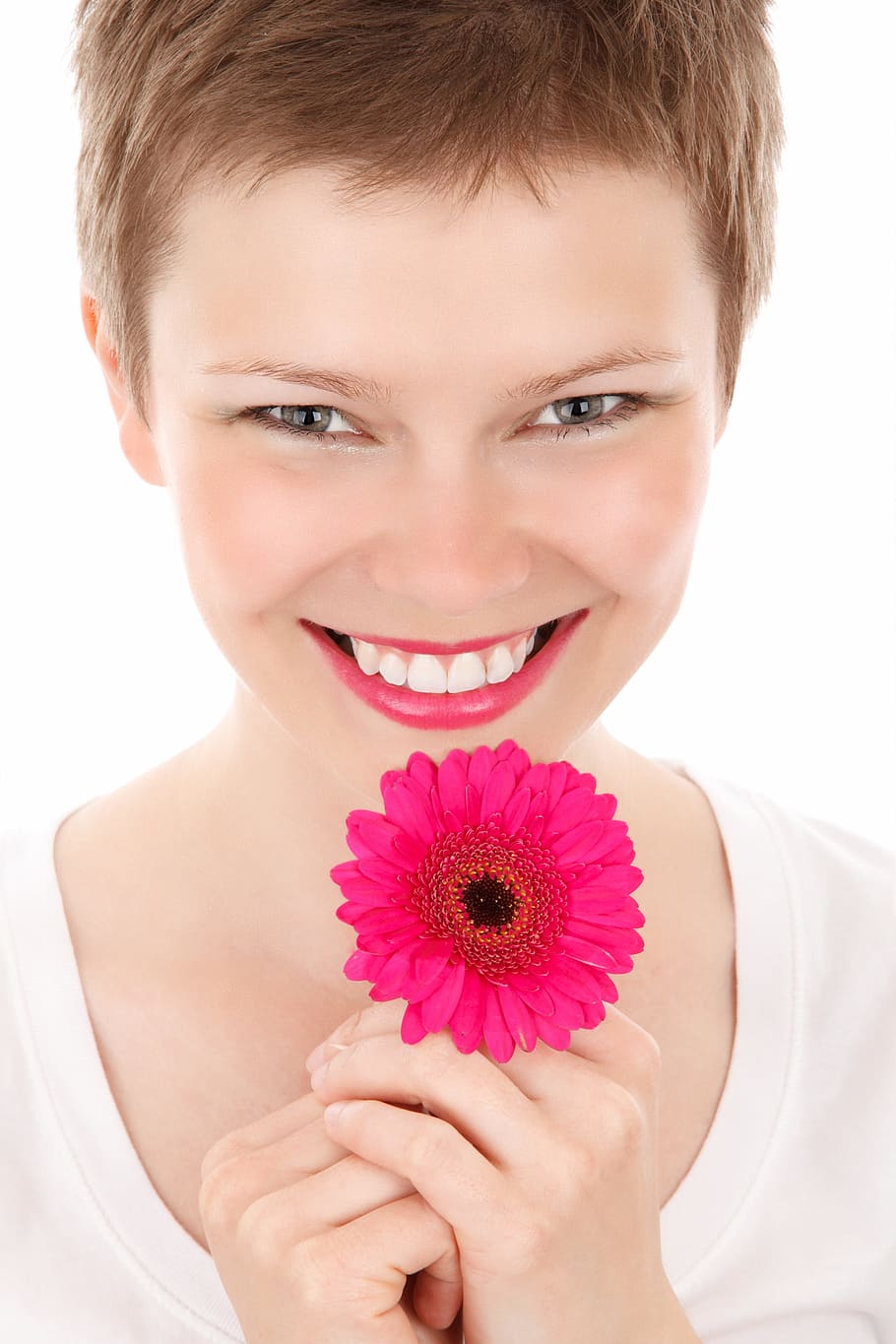 woman, holding, pink, gerbera daisy flower, attractive, beautiful, beauty, face, female, flower