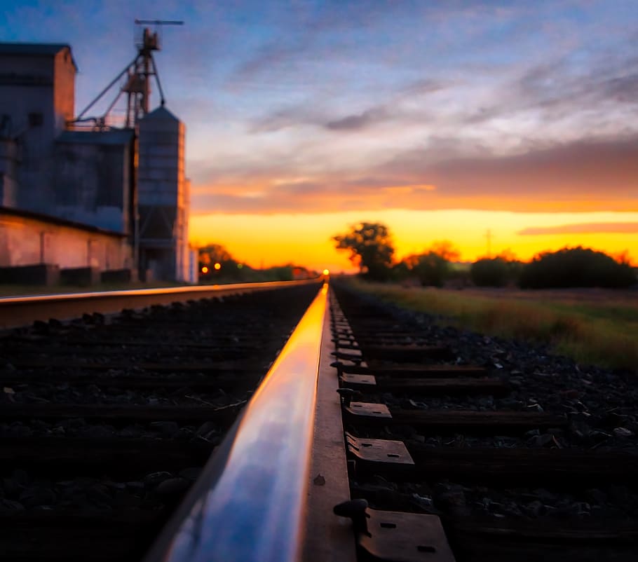 Sunset, Train, Tracks, Marfa, TX, train track near building, sky, rail transportation, transportation, railroad track