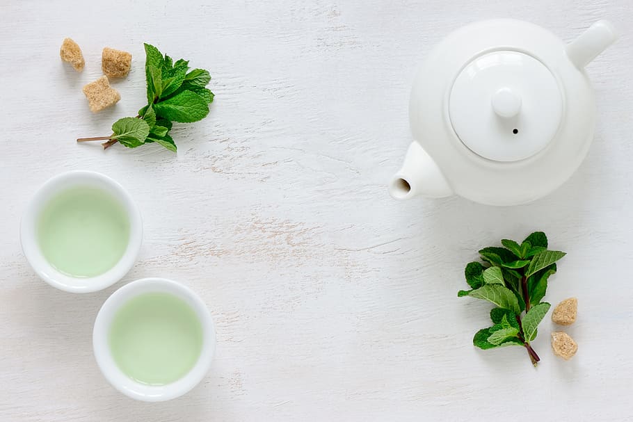 white, ceramic, teapot, surface, white surface, tea, green, green tea, leaf, teacup