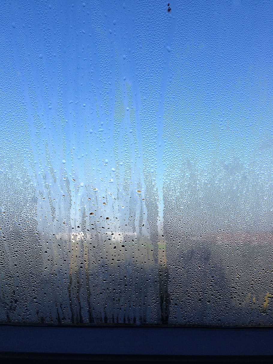 fogging, sky, glass, window, drops, blue, city, field, nature, fogged