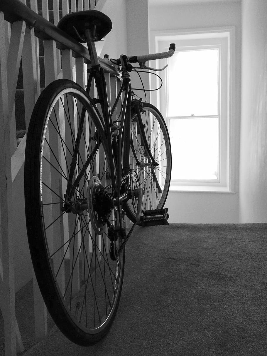 bicicleta, ciclo, ciclismo, esporte, pedal, roda, janela, corrimão, piso, transporte