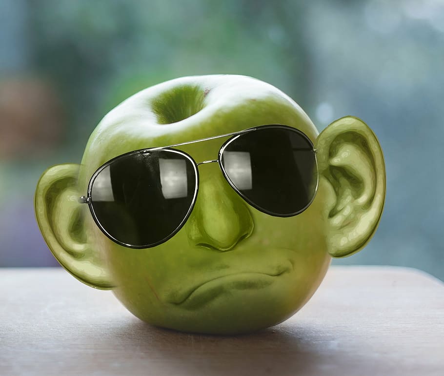 green, apple, formed, face, sunglasses, food, fruit, healthy, fruits, vitamins