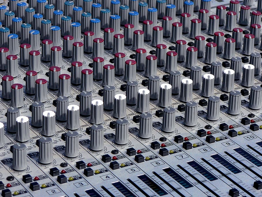 Audio, equipo, sonido, música, edición, mezcla, herramientas, azul, blanco, púrpura