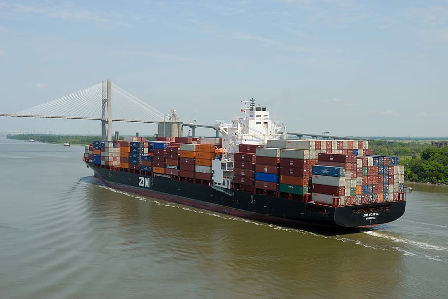 contenedores de envío, buque de carga, carguero, sabana, Georgia, río, barco, carga, transporte, industria