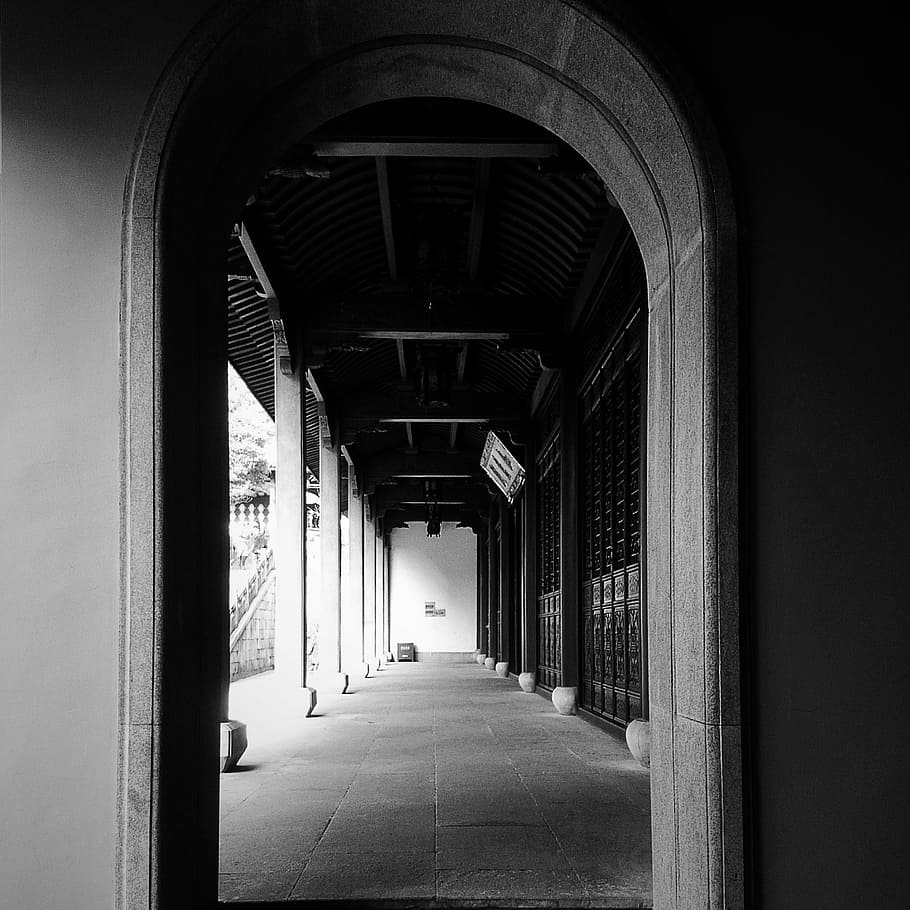 black and white, temple, lingyin, architecture, direction, built structure, the way forward, arch, arcade, diminishing perspective