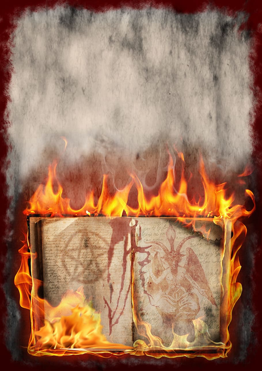 white, book, flames, fire, halloween, pentacle, background, occultism, witchcraft, baphomet