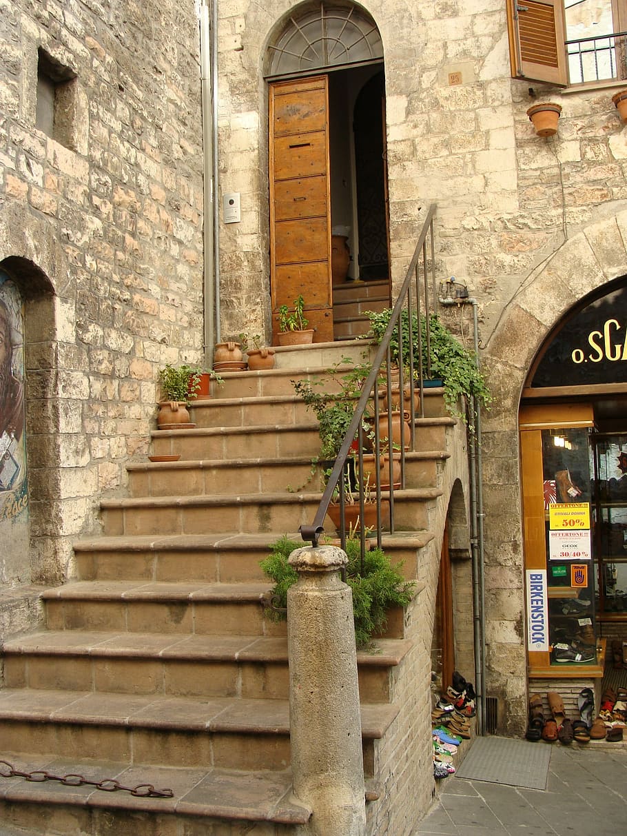 Assisi, Arsitektur, Bangunan, Italia, tangga, pintu, pintu kayu, tua, tangga dan tangga, struktur yang dibangun