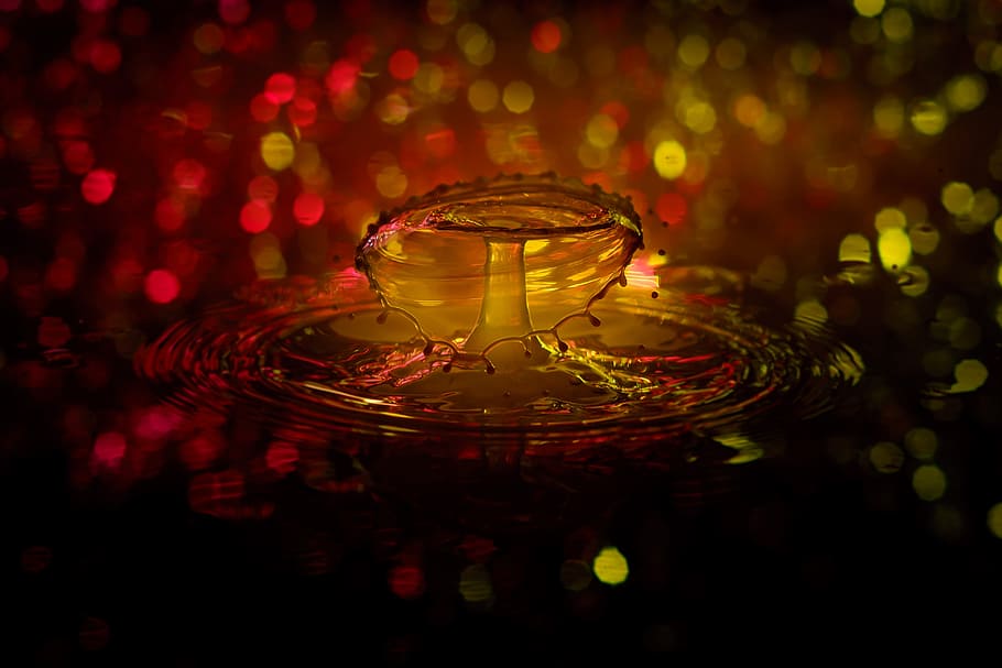 yellow, red, teardrop, drip, water, drop of water, water feature, spray, inject, liquid