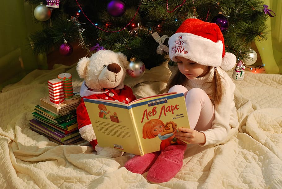 girl, white, sweater reading book, new year's eve, christmas tree, santa claus, jewelry, christmas decorations, christmas, childhood