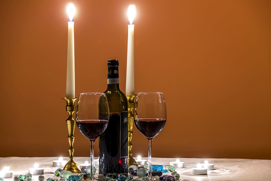 two, clear, wine glasses, black, glass bottle, beauty, bottle of wine, candlelight, candles, closeup