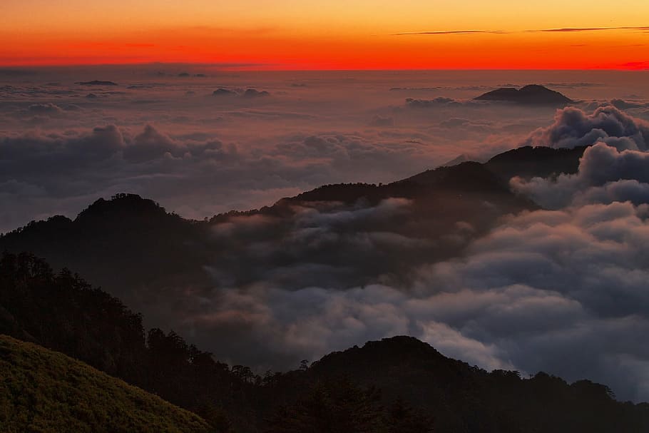 mountains above clouds, landscape, scenic, sunset, mountains, aerial view, dusk, evening, sky, scenery