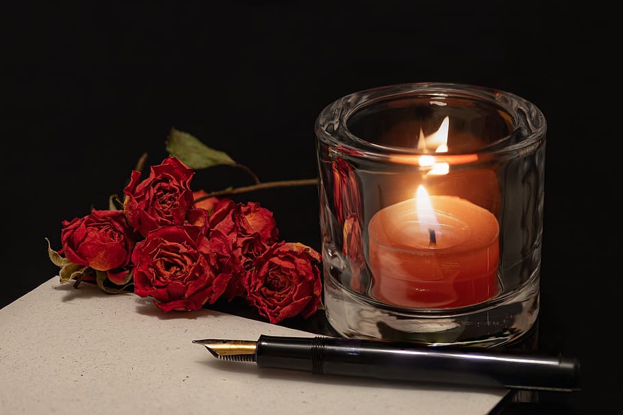 marker pen, filler, candle, candlelight, dried roses, write, pen, writing tool, thank you card, paper