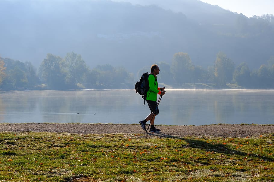 landscape, lake, fog, man, hiking, sport, go, nordic walking, morgenstimmung, water