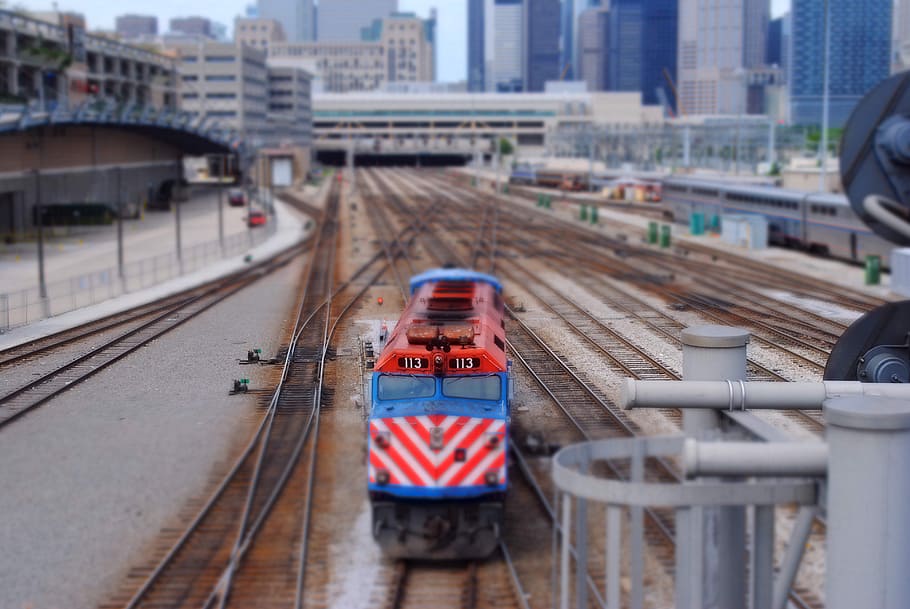 azul, rojo, tren, chicago, ferrocarril, illinois, ciudad, urbano, transporte, viaje