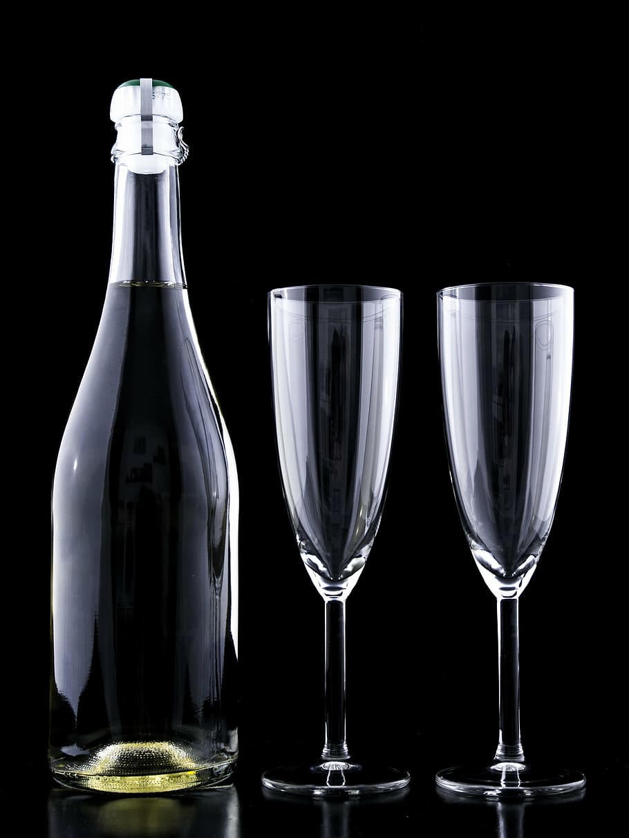 Dos, claro, flauta copas de champán, botella, víspera, bebida, cristal, festivo, vidrio, año