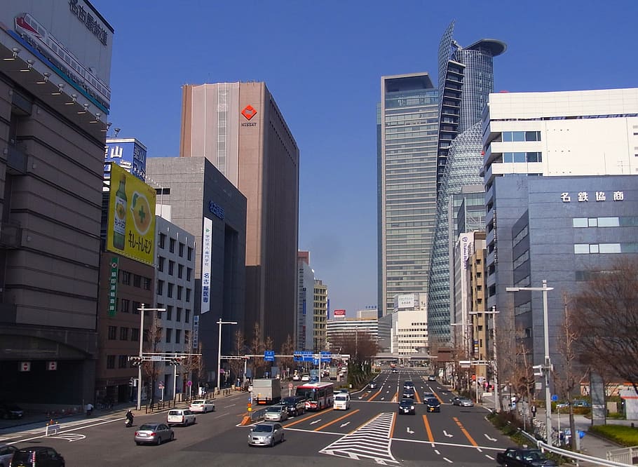 cars on road, Nagoya City, Japan, Skyscrapers, Skyline, buildings, architecture, urban, cities, vehicles