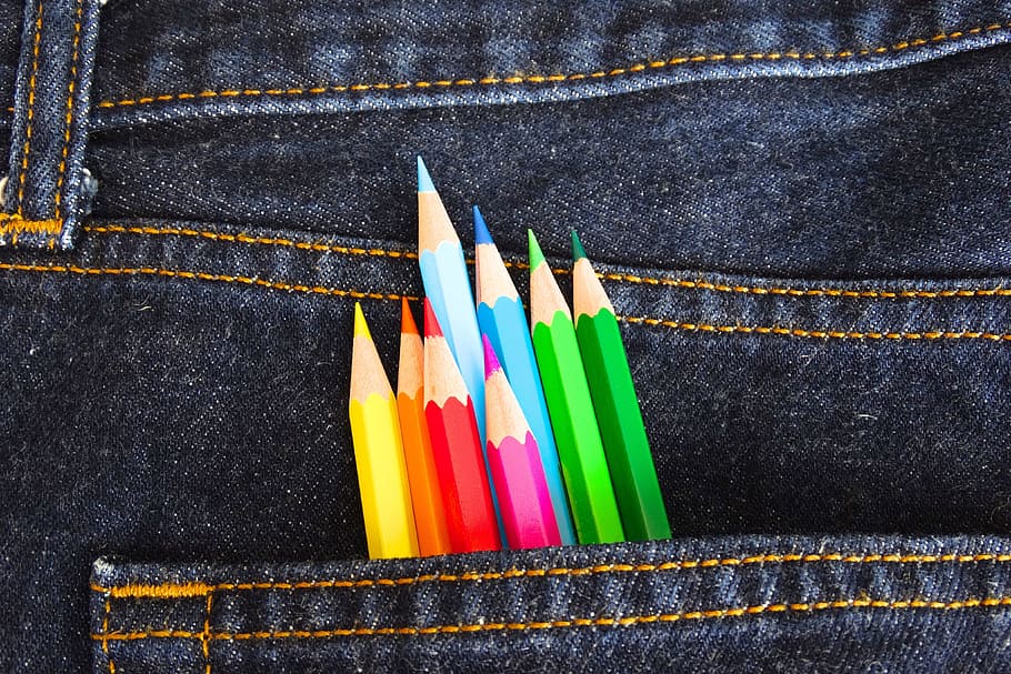 denim fabric school jeans, colored, pencils, Denim, fabric, school, jeans, colored pencils, various, clothes