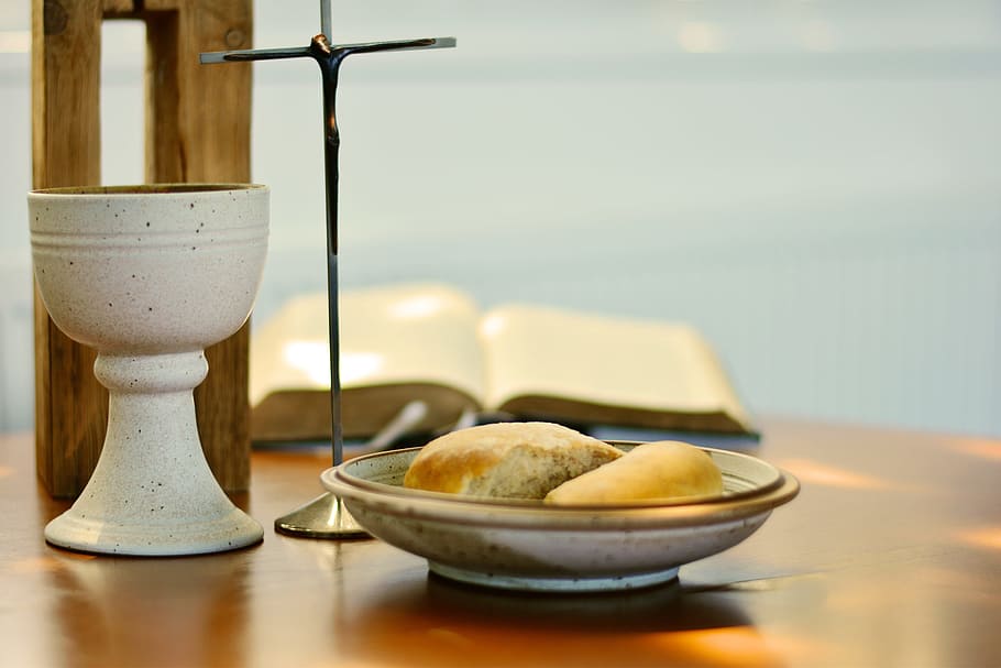 horneado, pan, redondo, blanco, cerámica, cuenco, última cena, adoración, fe cristiana, cristianismo