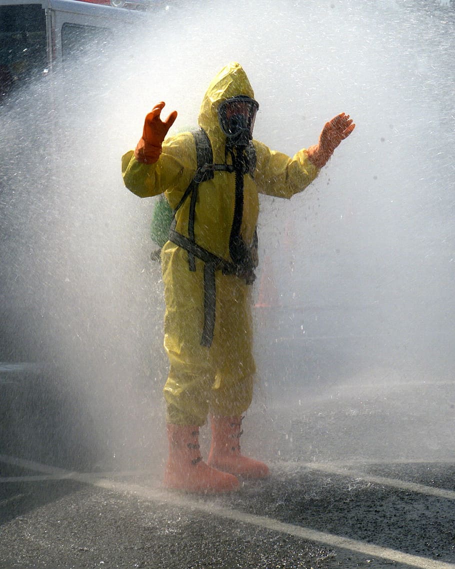 firefighter washing uniform, suit, decontamination, protective, chemical, protection, mask, safety, gas, workwear
