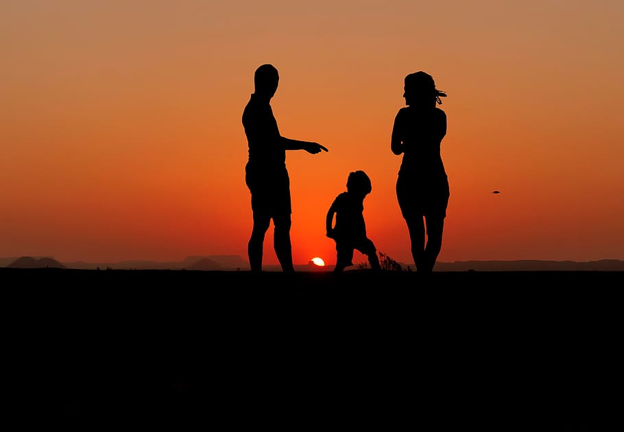 sunset, couple, child, people, family, happy, set, relationship, happiness, silhouette
